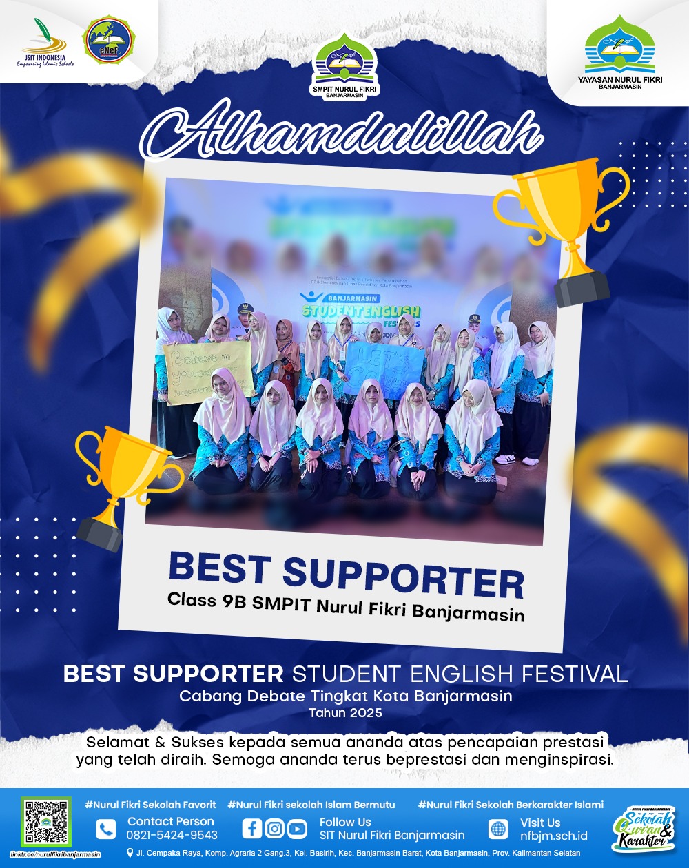 Thunderous cheers! SMPIT Nurul Fikri Banjarmasin Wins Best Supporter Award at Student English Festival